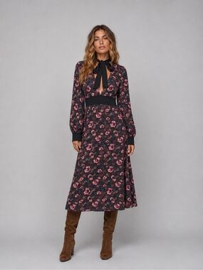 NWT For Love & Lemons Floral Midi Dress M Black Tie Neck Long Sleeve Romantic Bo